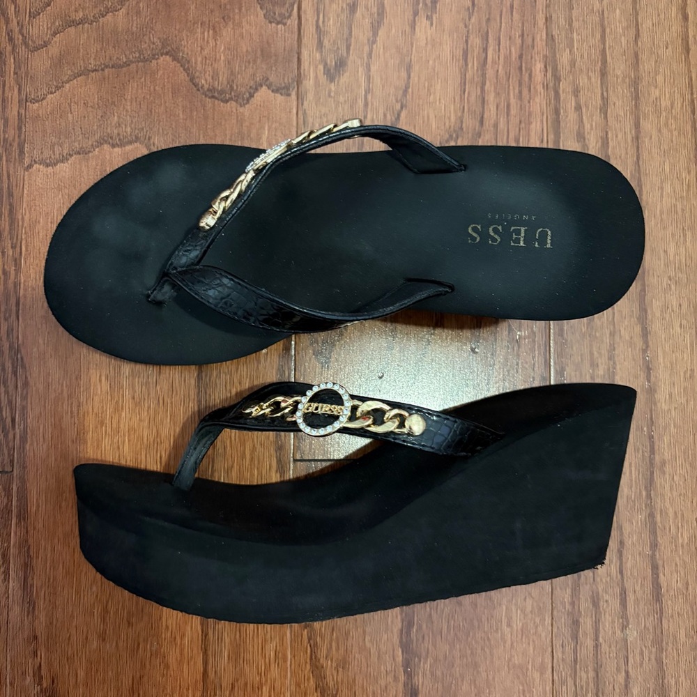 GUESS Black Wedges with Gold Chain Detail